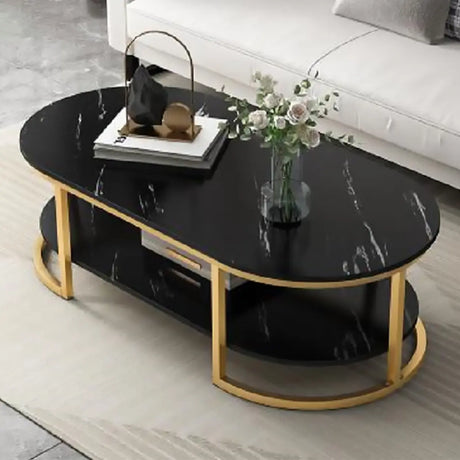 White Faux Marble Oval Gold Metal Base Coffee Table Image - 2
