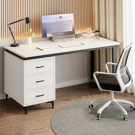 White Fiberboard Computer Desk with Drawers Image - 1