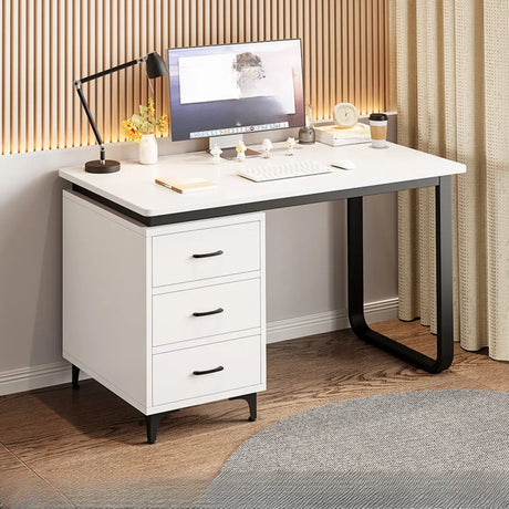 White Fiberboard Computer Desk with Drawers Image - 2
