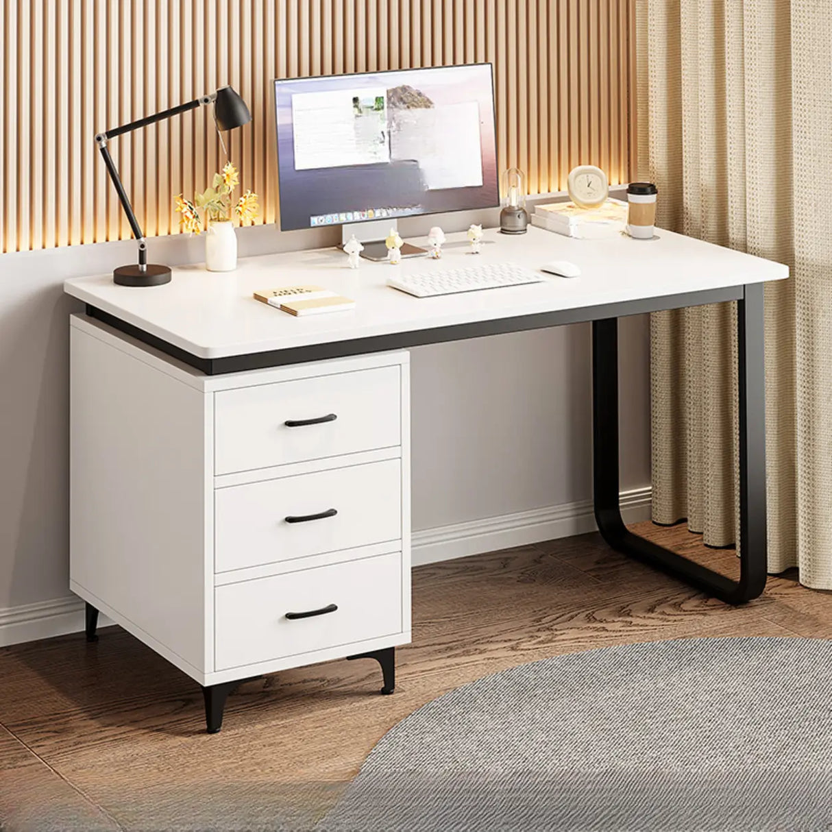 White Fiberboard Computer Desk with Drawers Image - 3