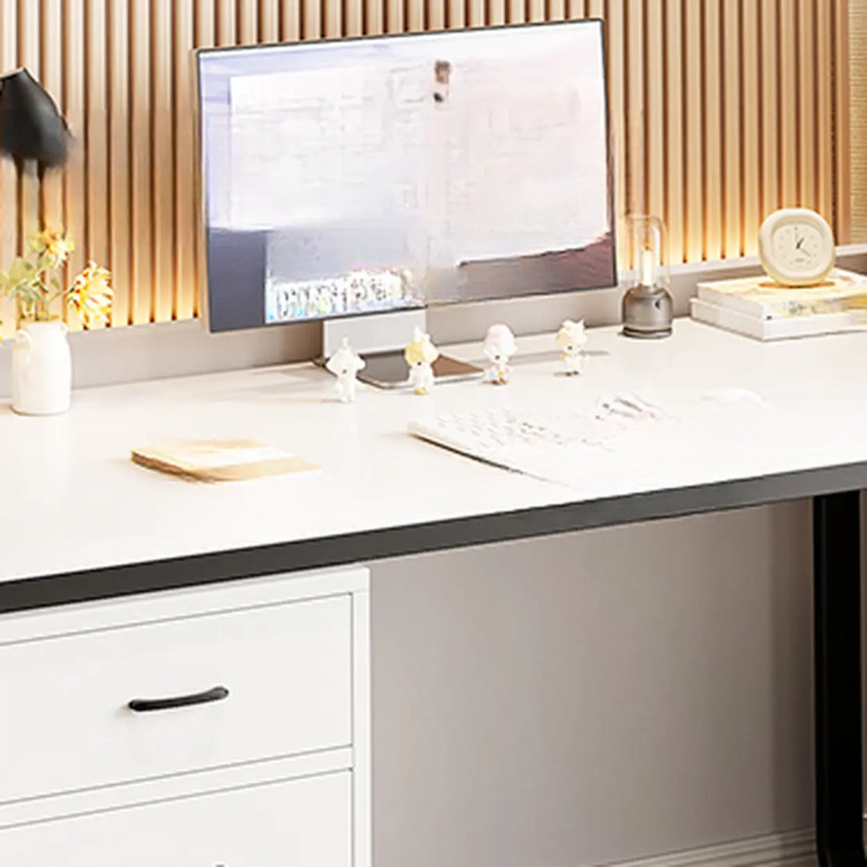 White Fiberboard Computer Desk with Drawers Image - 4