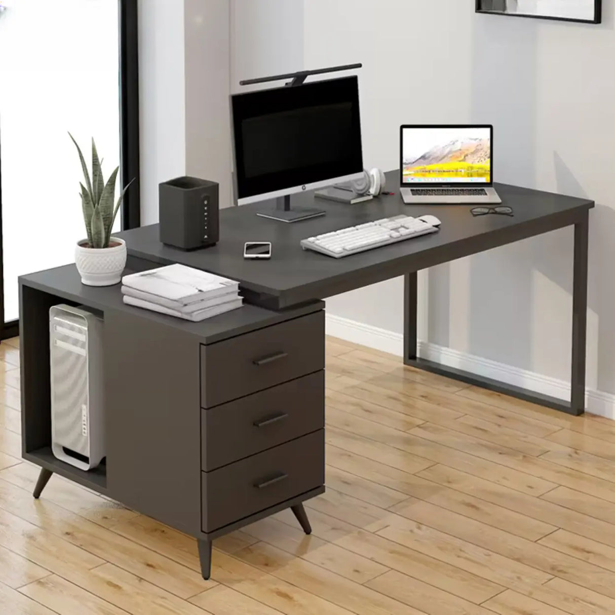White Fiberboard Computer Desk with Drawers Image - 5