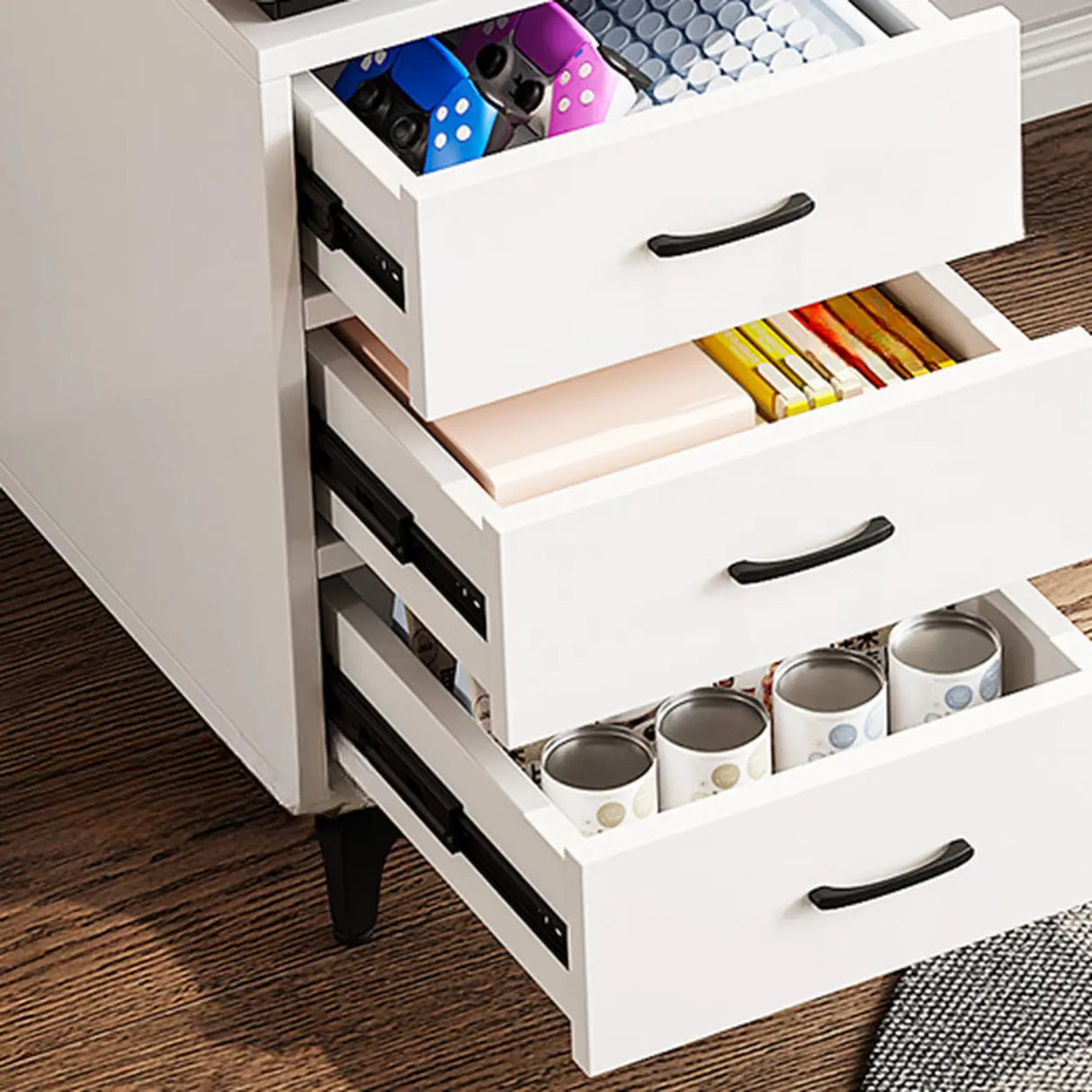 White Fiberboard Computer Desk with Drawers Image - 8