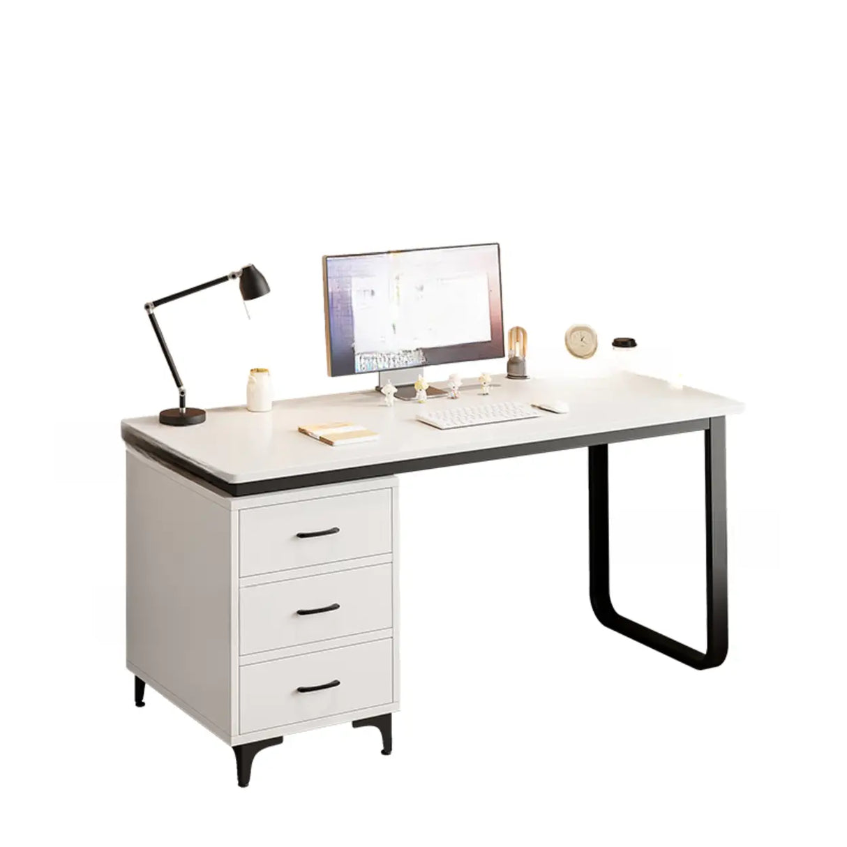 White Fiberboard Computer Desk with Drawers Image - 9