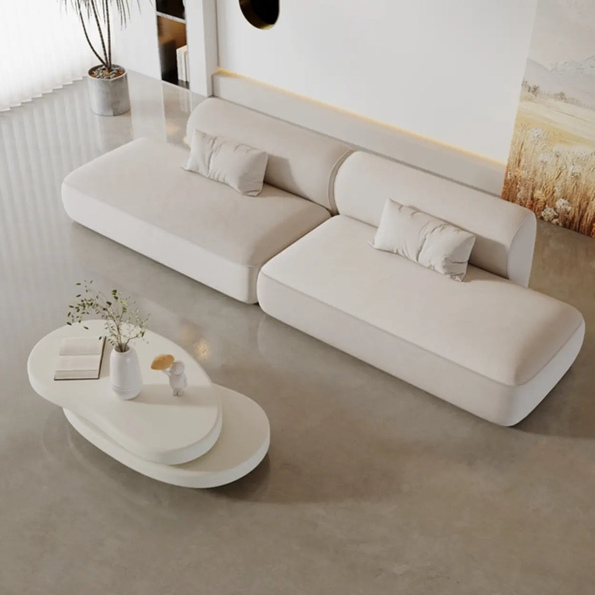White Flannel Tight Back Horizontal Sofa with Pillow Image - 6