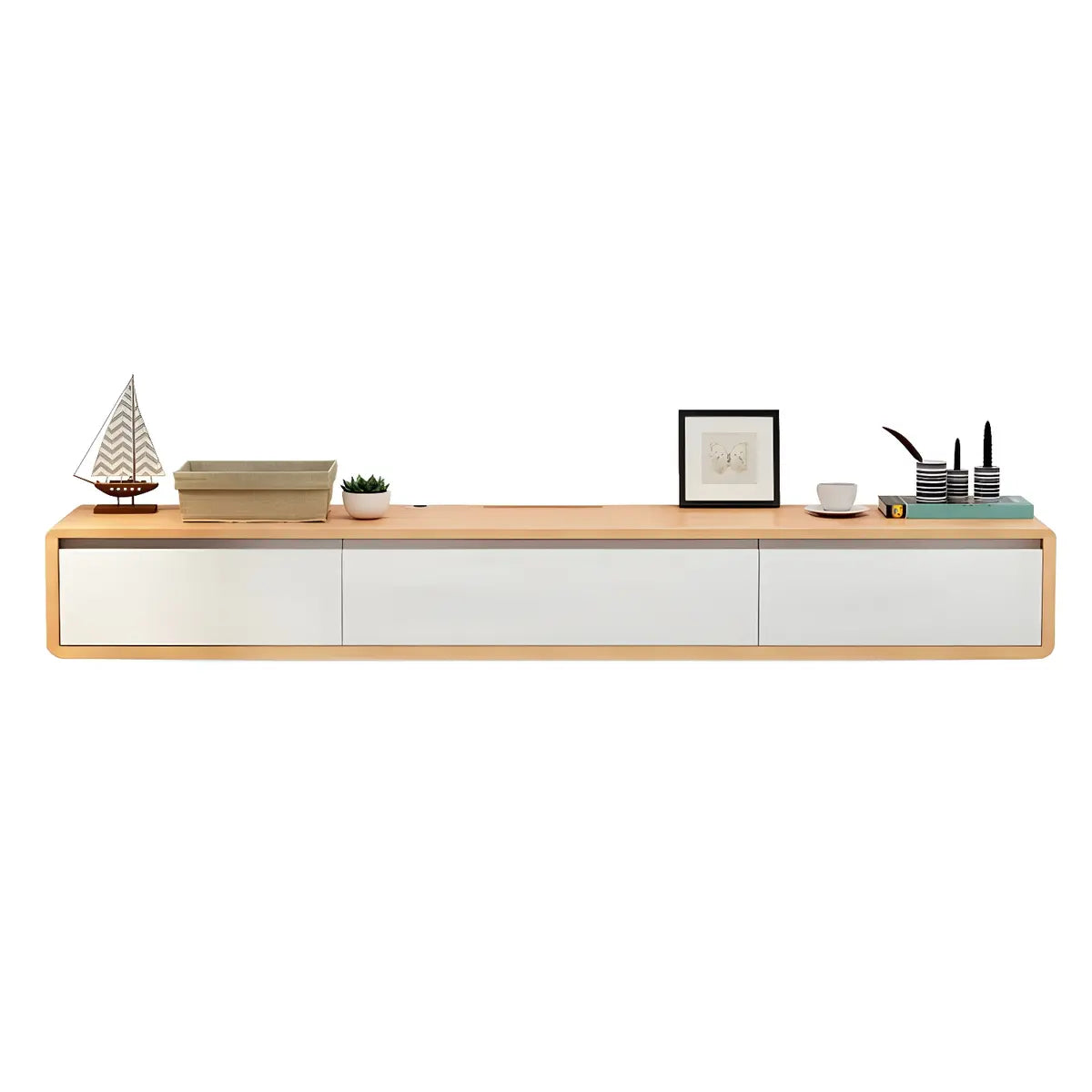 White Floating Mount Oak Wood Drawers Cabinet TV Stand Image - 11