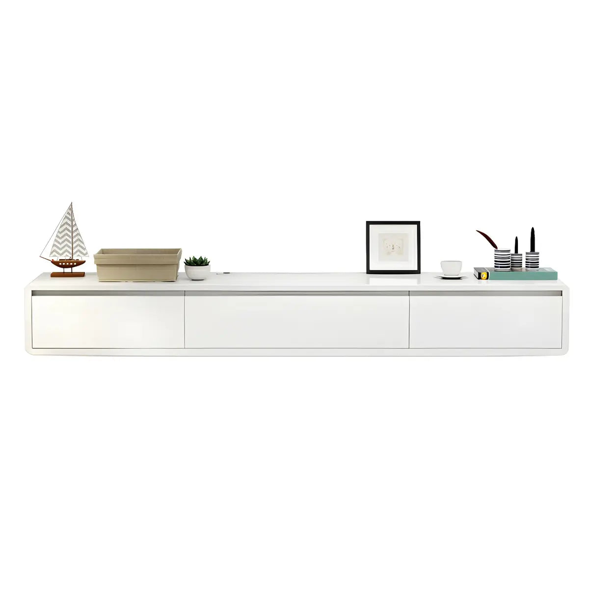 White Floating Mount Oak Wood Drawers Cabinet TV Stand Image - 13