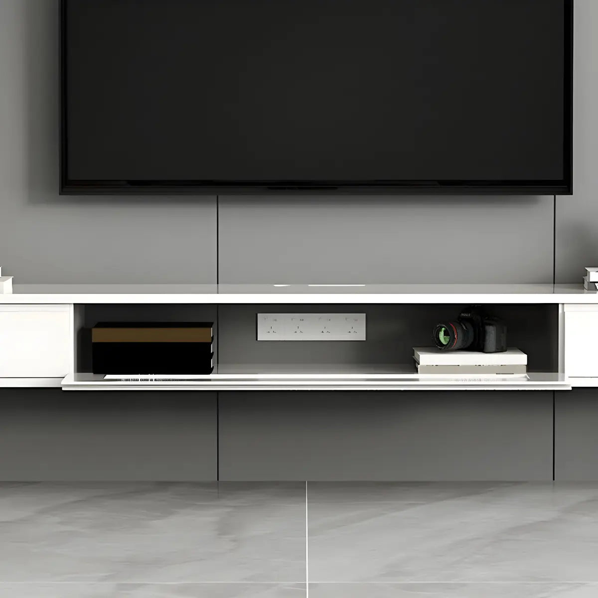 White Floating Mount Oak Wood Drawers Cabinet TV Stand Image - 16