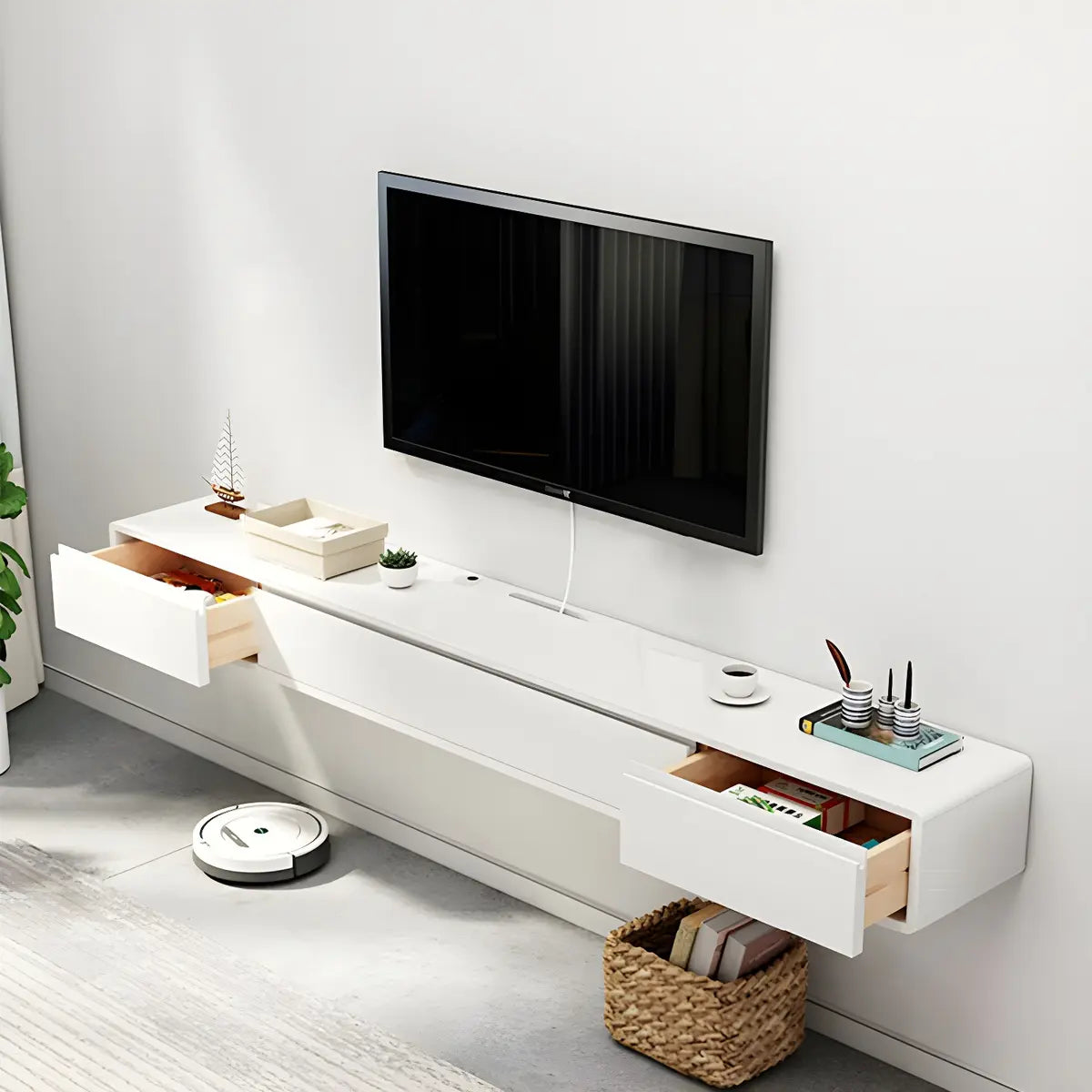 White Floating Mount Oak Wood Drawers Cabinet TV Stand Image - 19