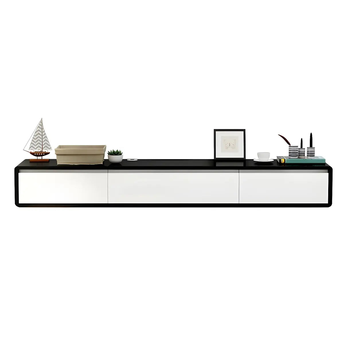 White Floating Mount Oak Wood Drawers Cabinet TV Stand Image - 6