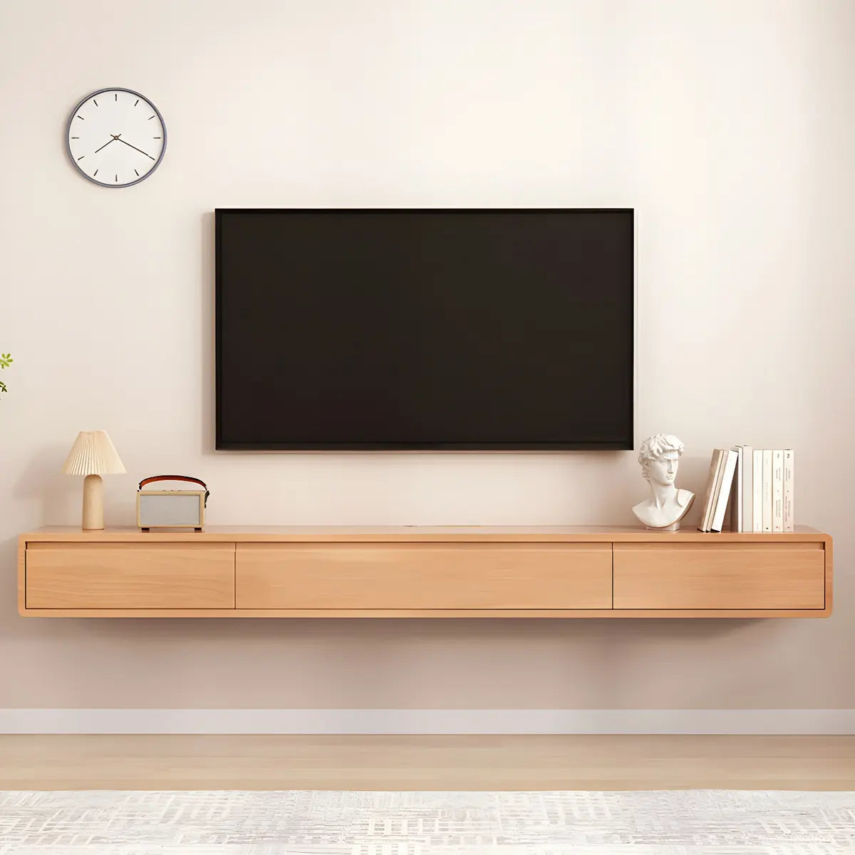 White Floating Mount Oak Wood Drawers Cabinet TV Stand Image - 8