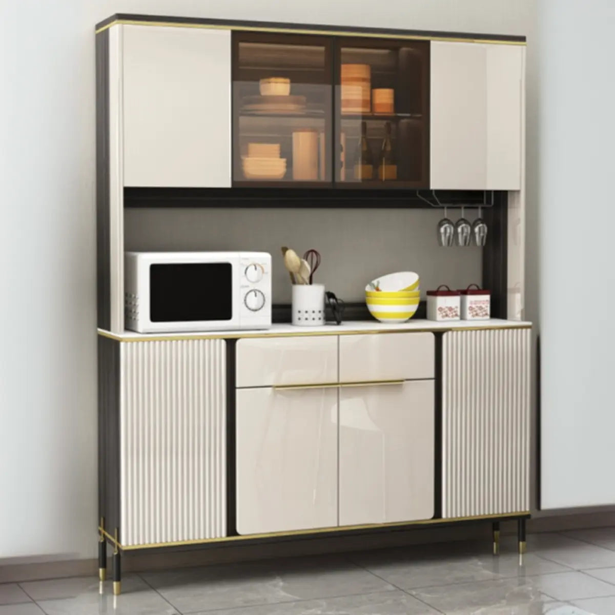 White Floor Wood Kitchen Hutch Storage China Cabinet Image - 1