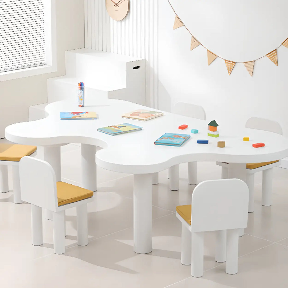 White Free Form Toddler Play Table Five Chairs Set Image - 1
