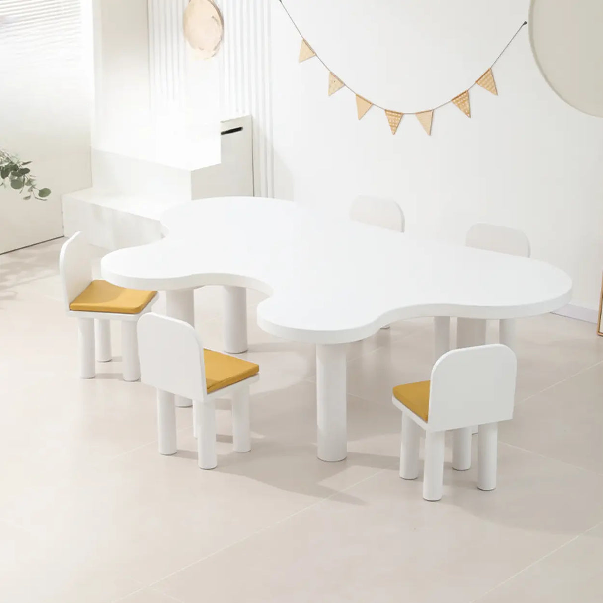 White Free Form Toddler Play Table Five Chairs Set Image - 2