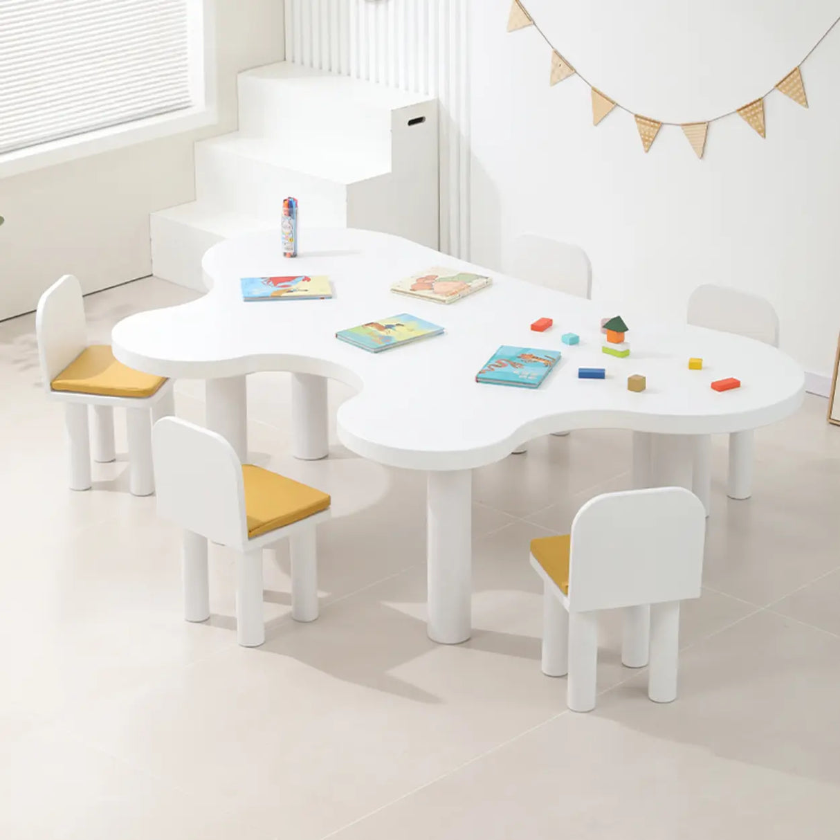 White Free Form Toddler Play Table Five Chairs Set Image - 3