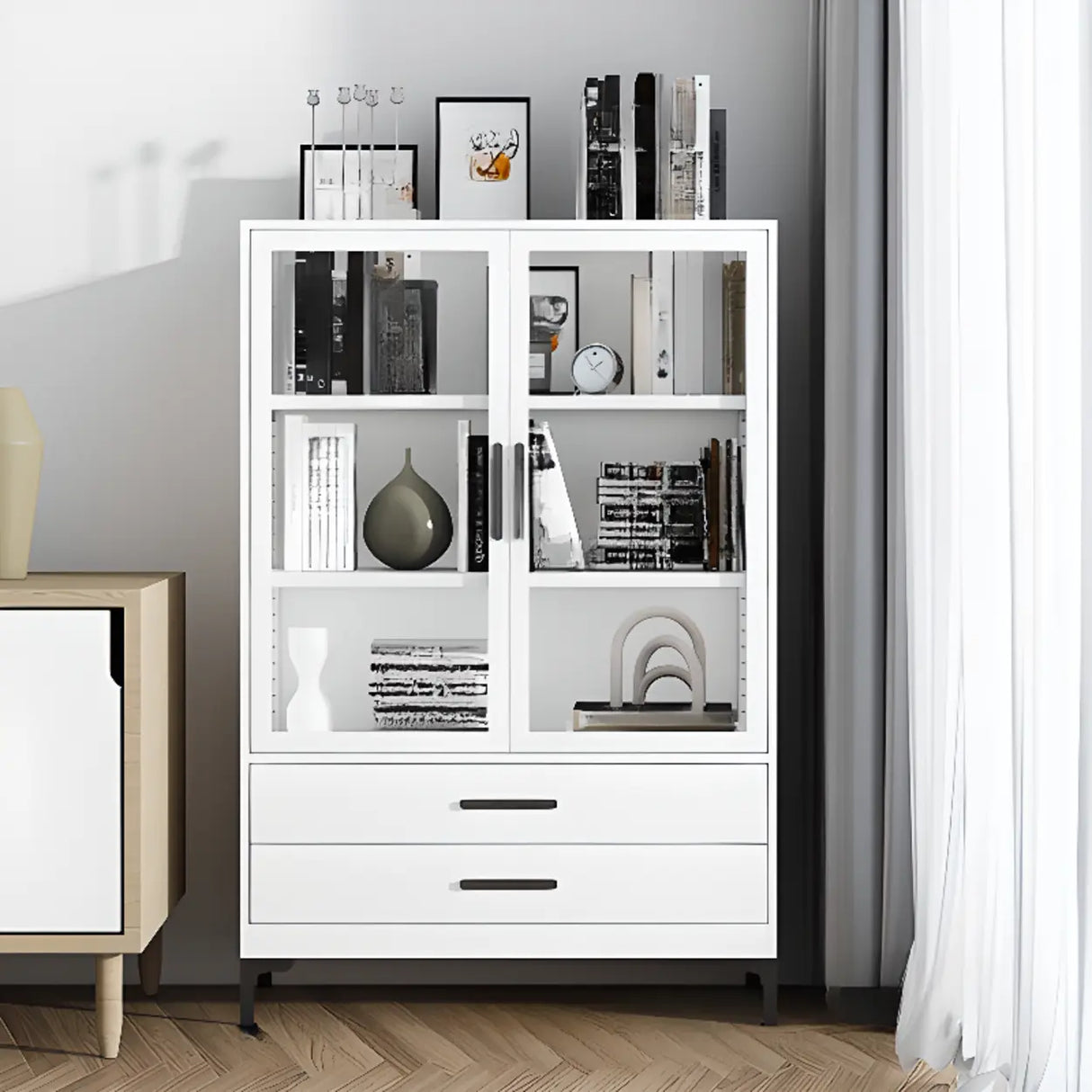 White French Rectangle Close Glass Doors Bookcases Image - 11