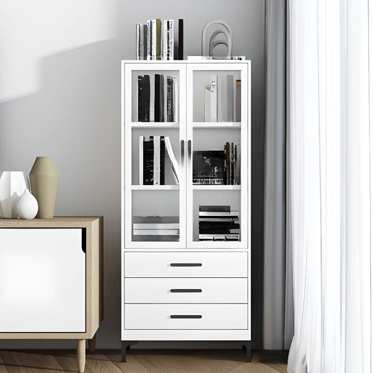 White French Rectangle Close Glass Doors Bookcases Image - 13