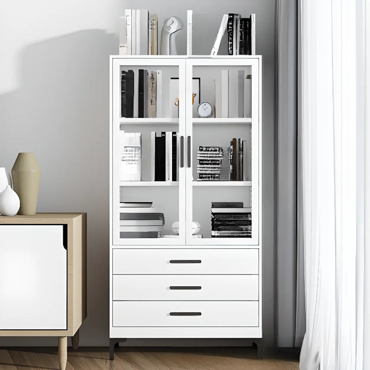 White French Rectangle Close Glass Doors Bookcases Image - 16