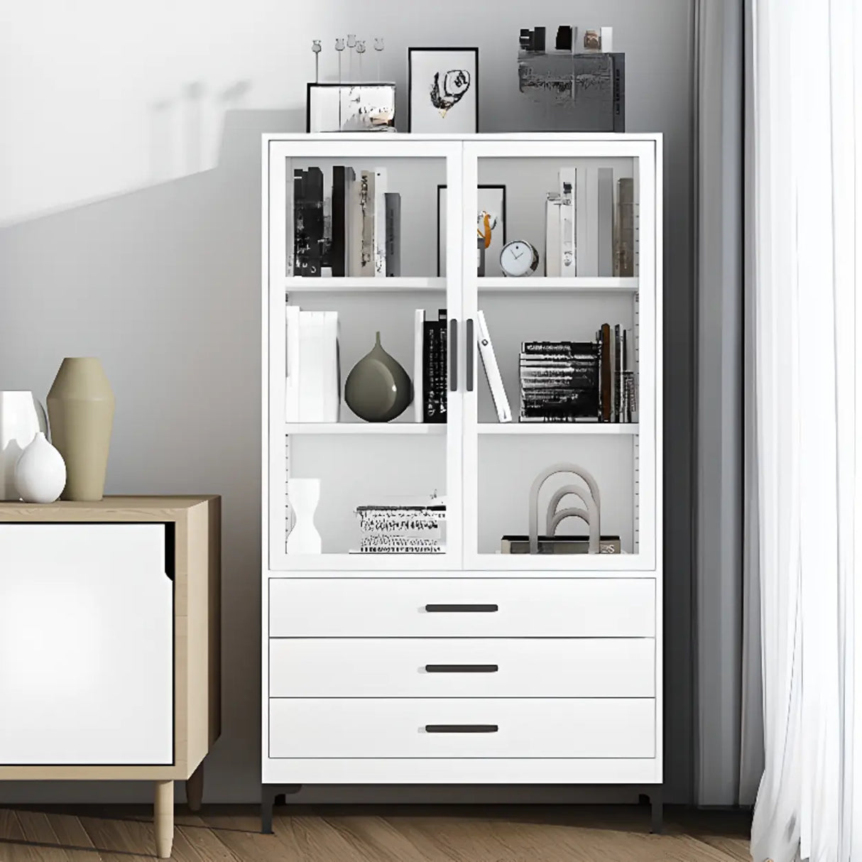 White French Rectangle Close Glass Doors Bookcases Image - 17
