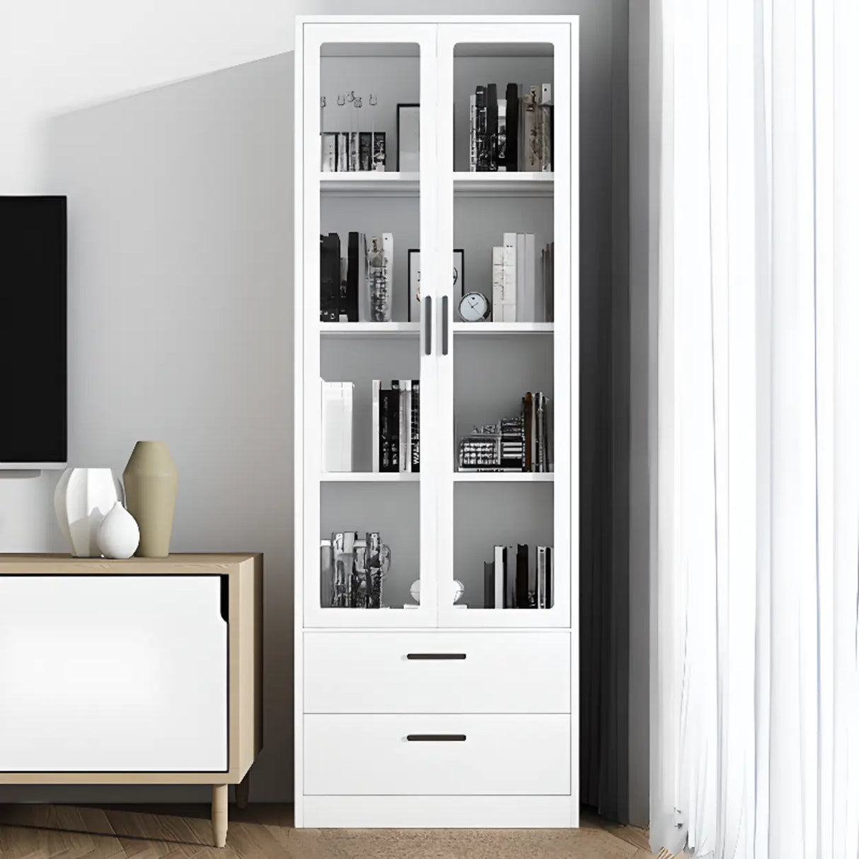 White French Rectangle Close Glass Doors Bookcases Image - 19