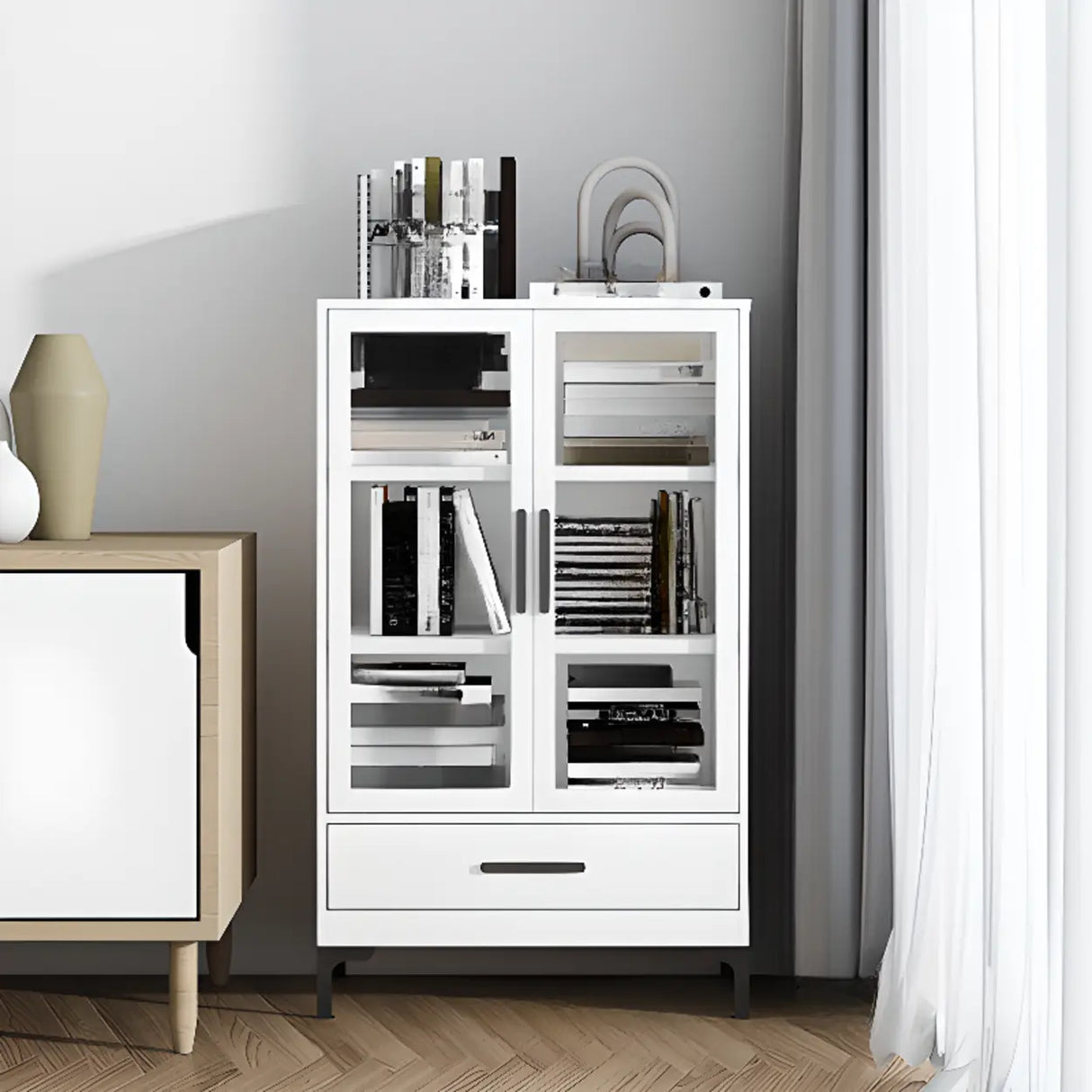 White French Rectangle Close Glass Doors Bookcases Image - 2