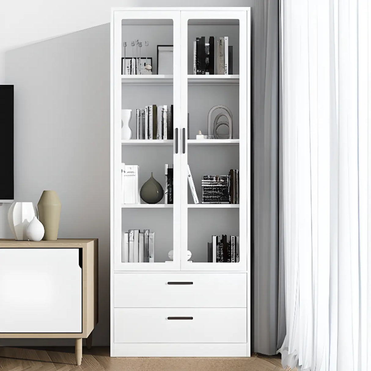White French Rectangle Close Glass Doors Bookcases Image - 20