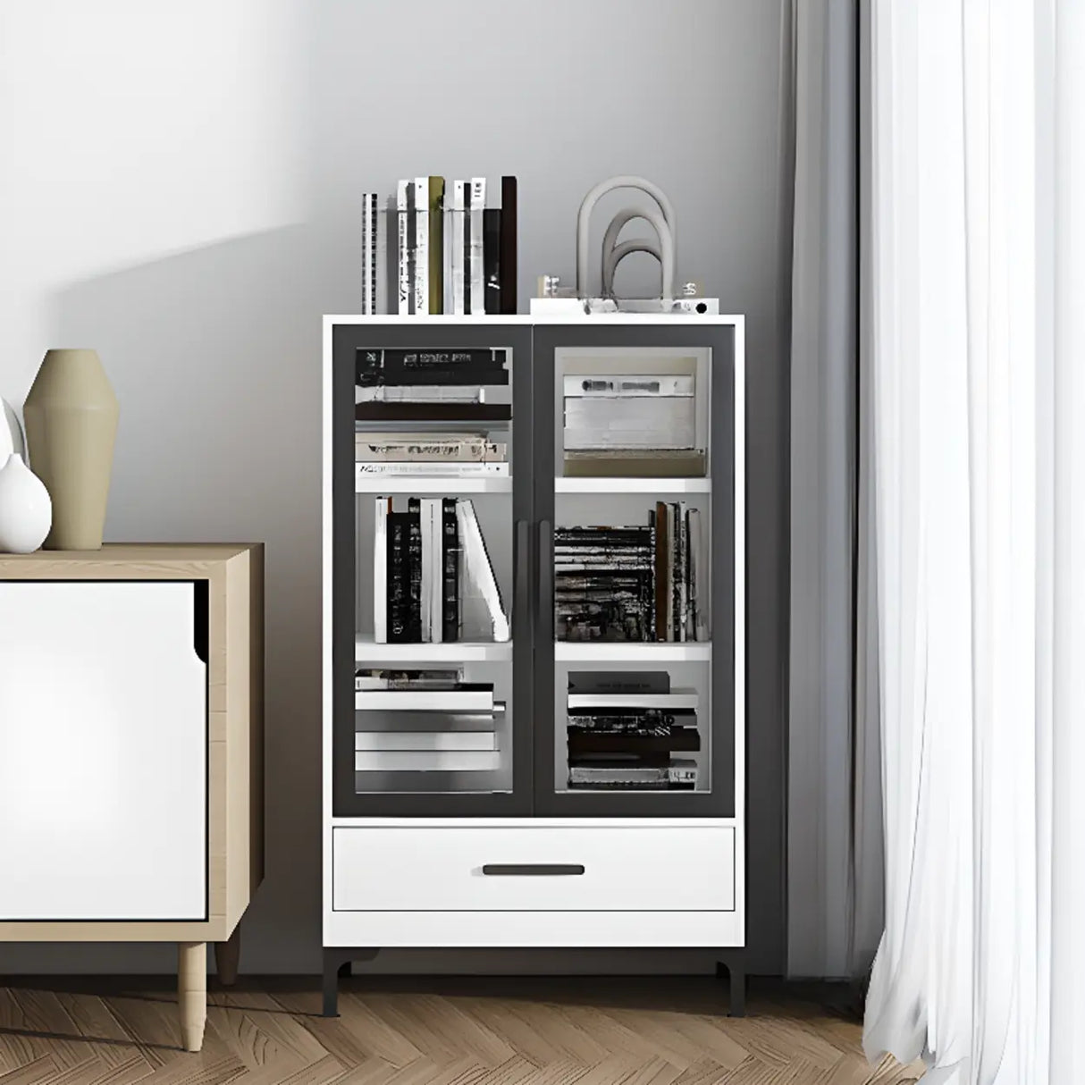 White French Rectangle Close Glass Doors Bookcases Image - 21