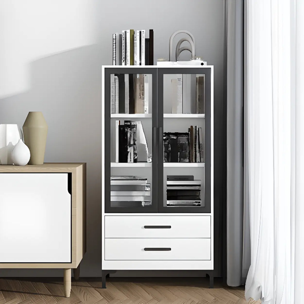 White French Rectangle Close Glass Doors Bookcases Image - 24