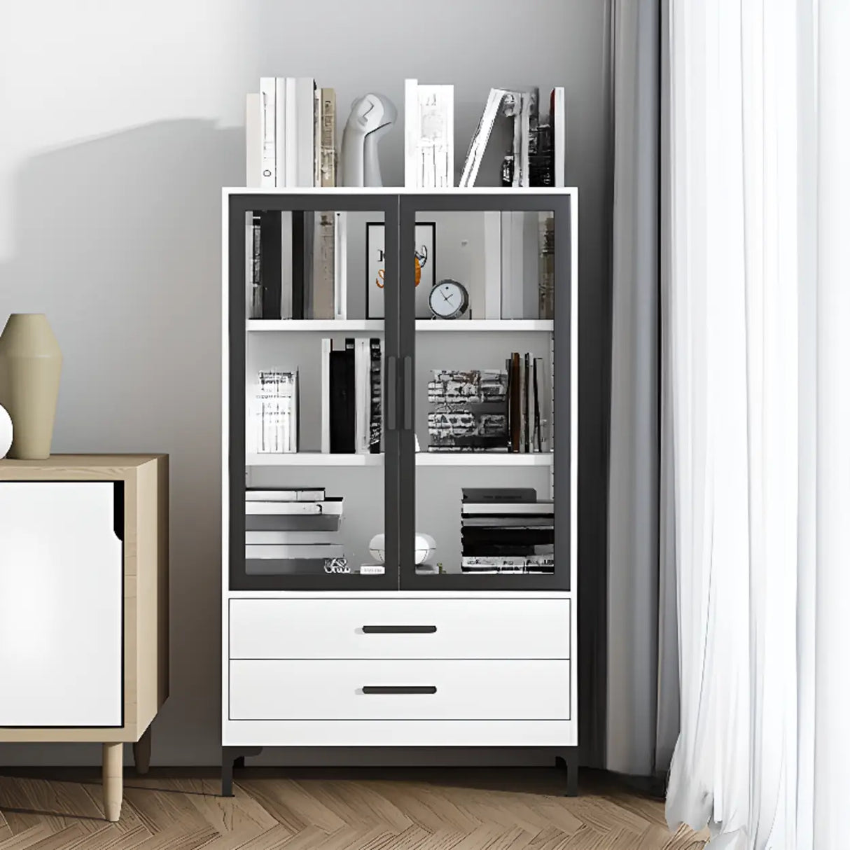 White French Rectangle Close Glass Doors Bookcases Image - 25