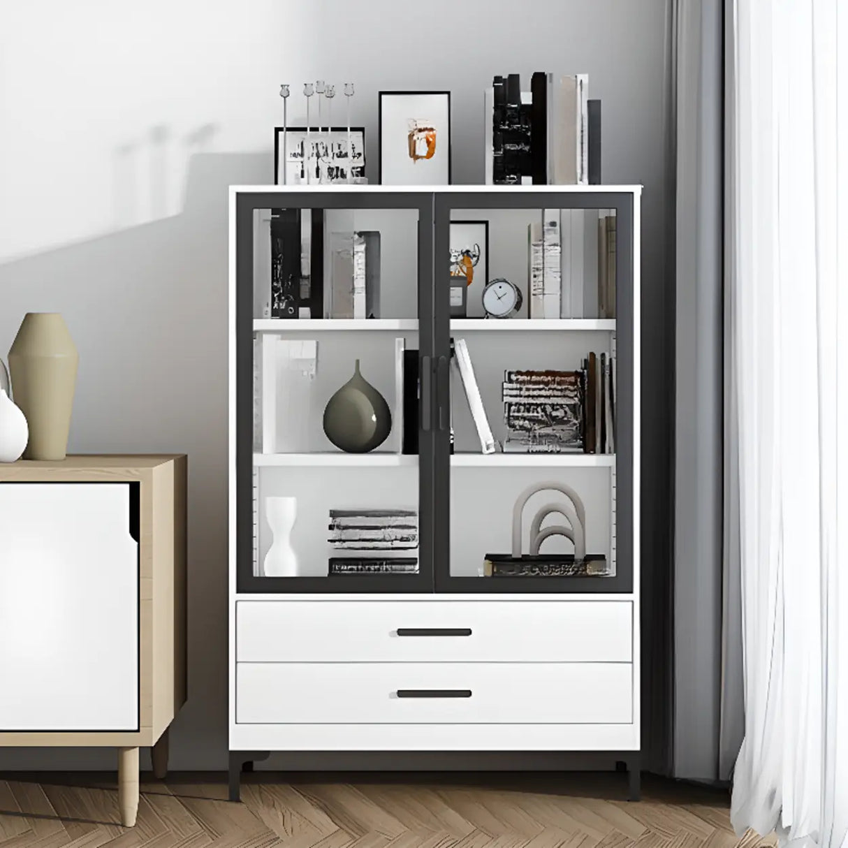 White French Rectangle Close Glass Doors Bookcases Image - 26
