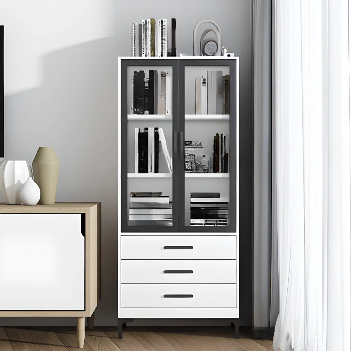 White French Rectangle Close Glass Doors Bookcases Image - 27