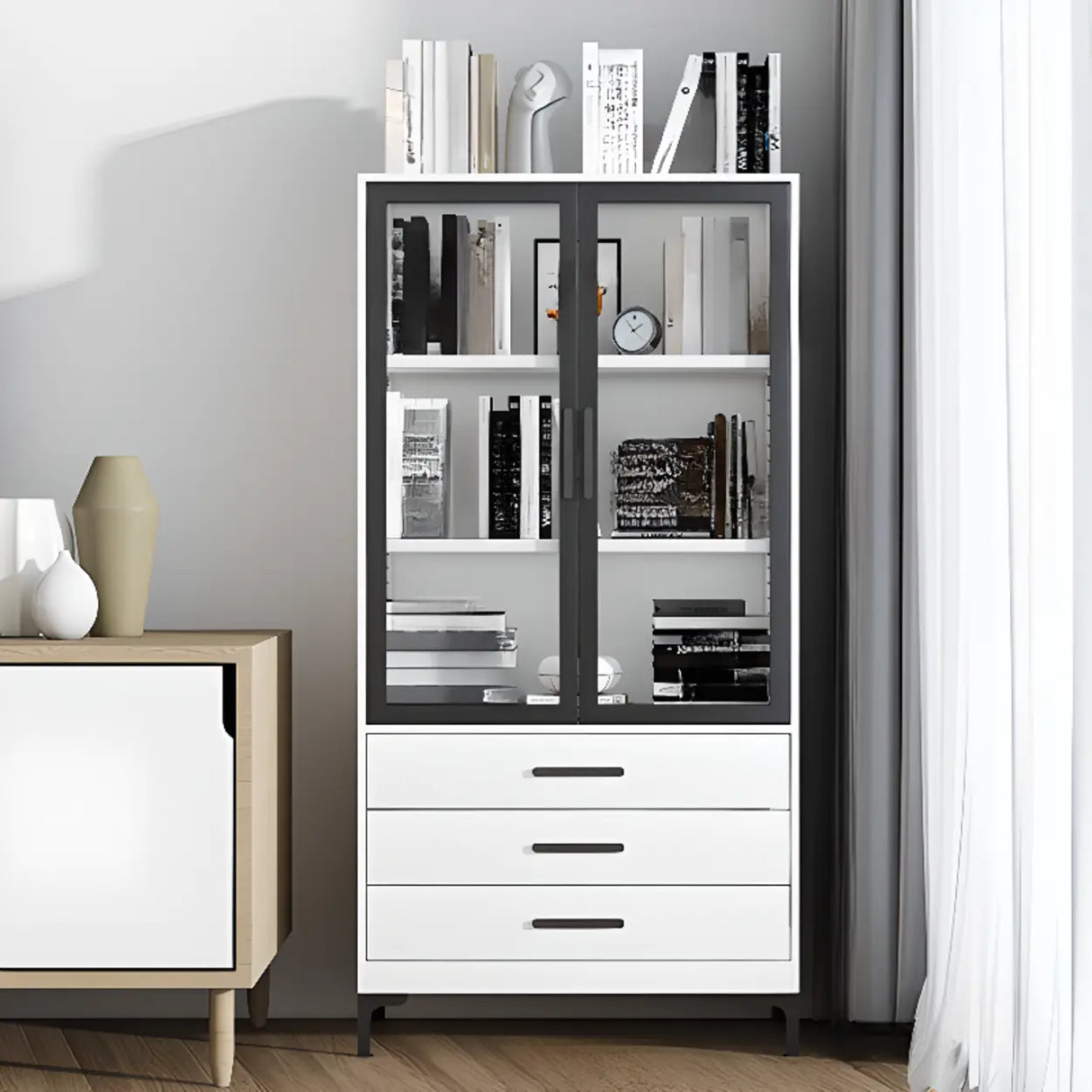White French Rectangle Close Glass Doors Bookcases Image - 28