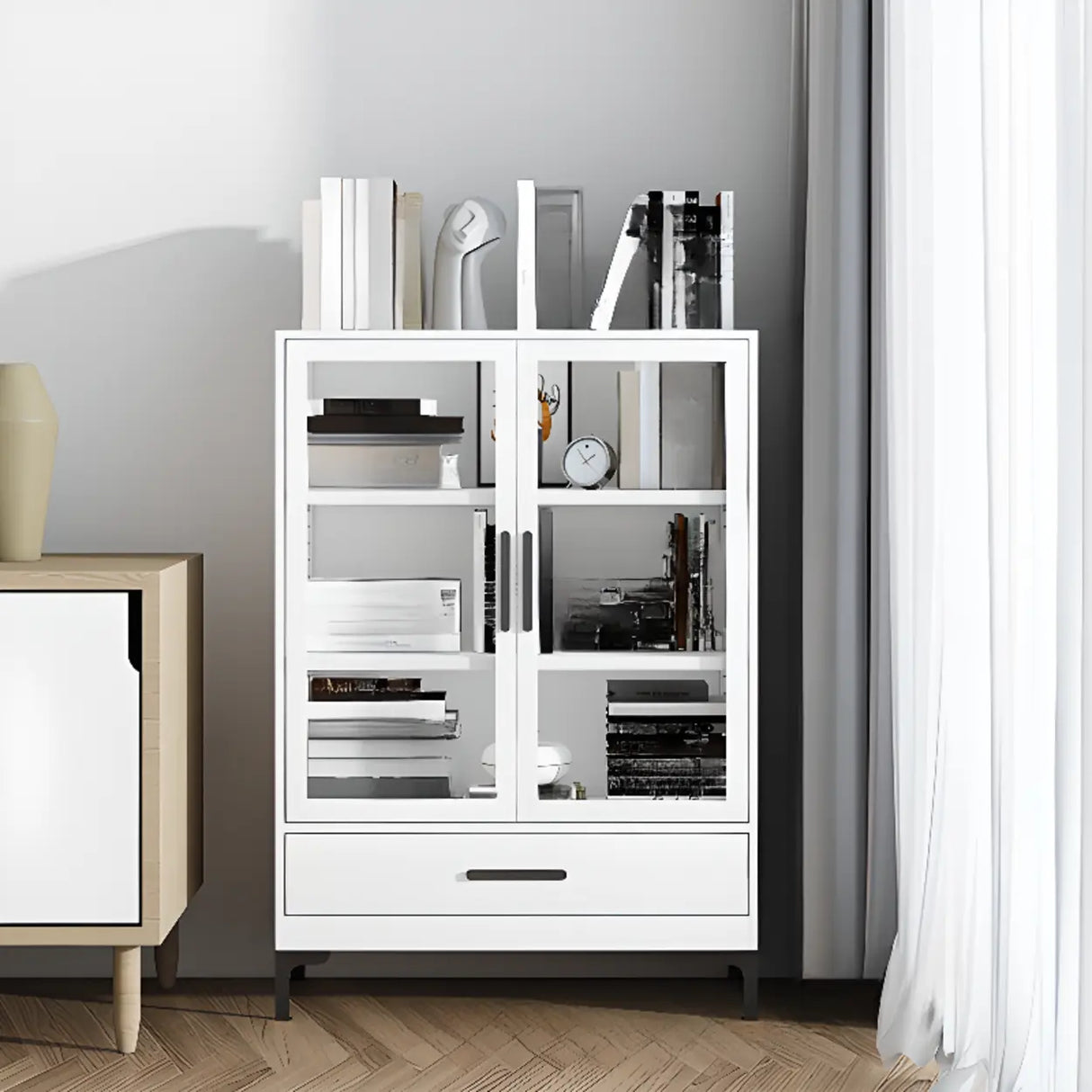 White French Rectangle Close Glass Doors Bookcases Image - 3