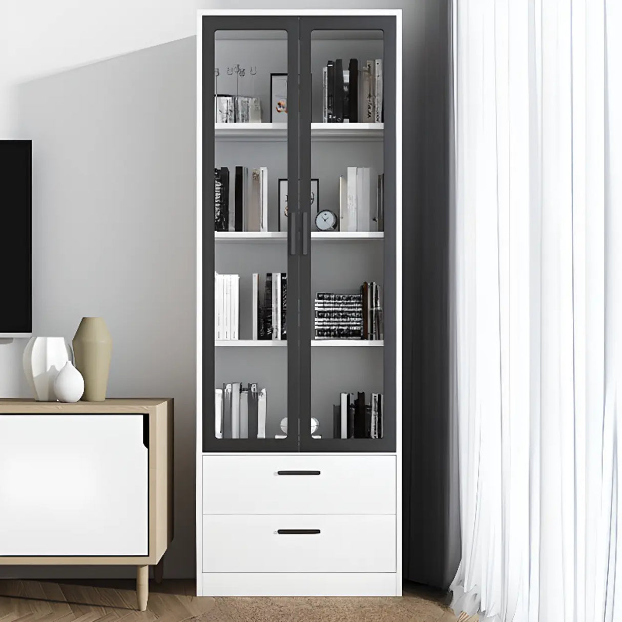 White French Rectangle Close Glass Doors Bookcases Image - 31