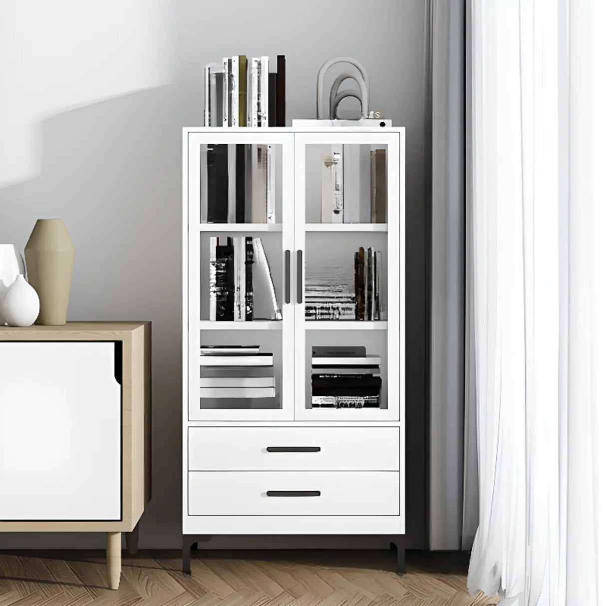 White French Rectangle Close Glass Doors Bookcases Image - 7