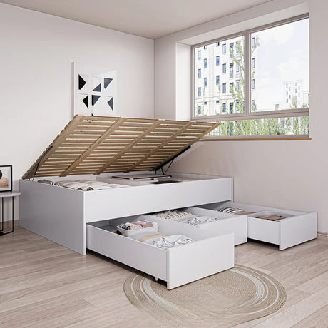White Full Modern Wood Storage Tatami Bed with Drawers Image - 2