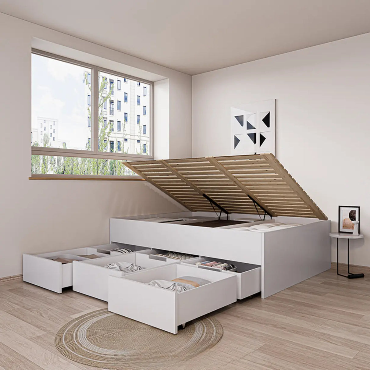 White Full Modern Wood Storage Tatami Bed with Drawers Image - 3