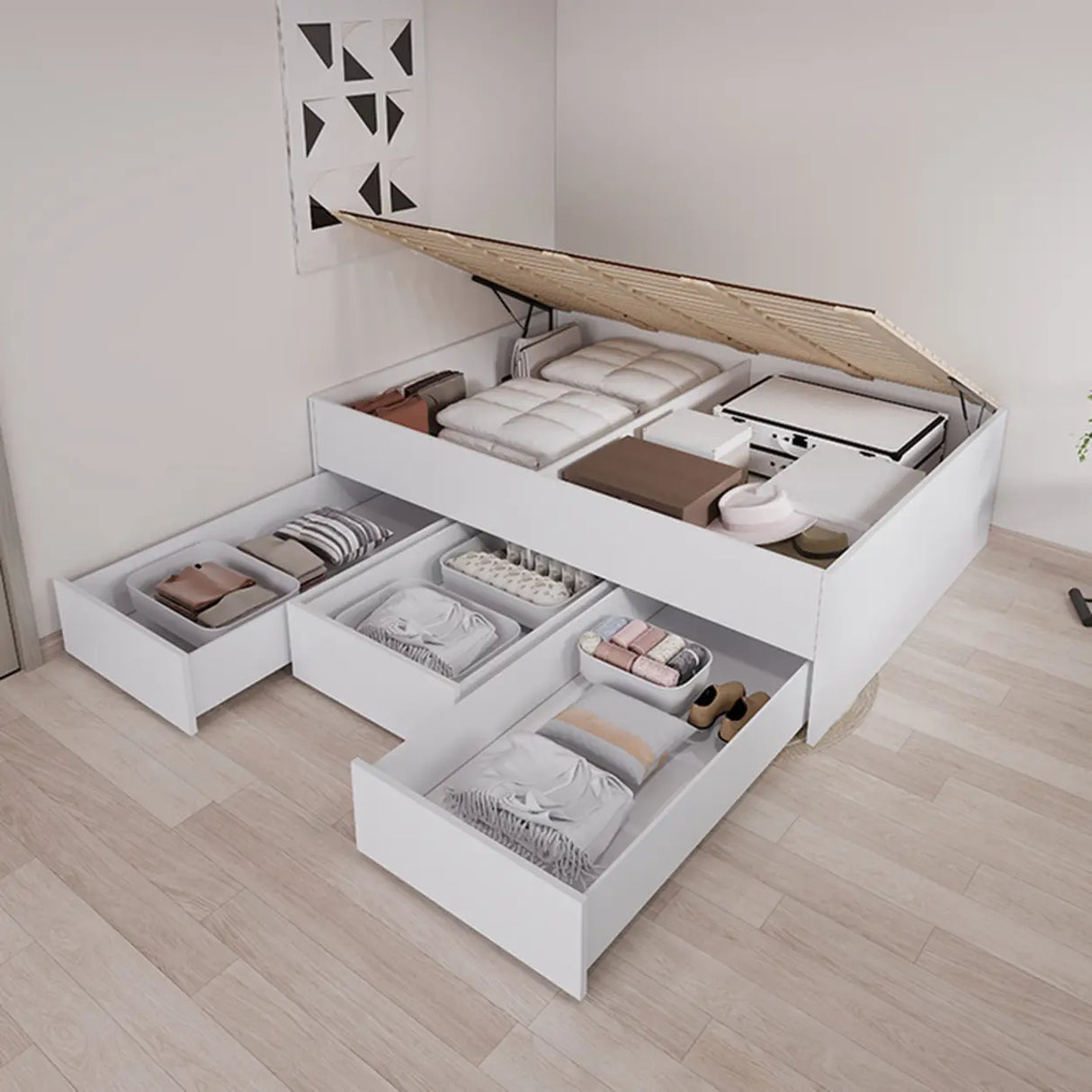 White Full Modern Wood Storage Tatami Bed with Drawers Image - 5