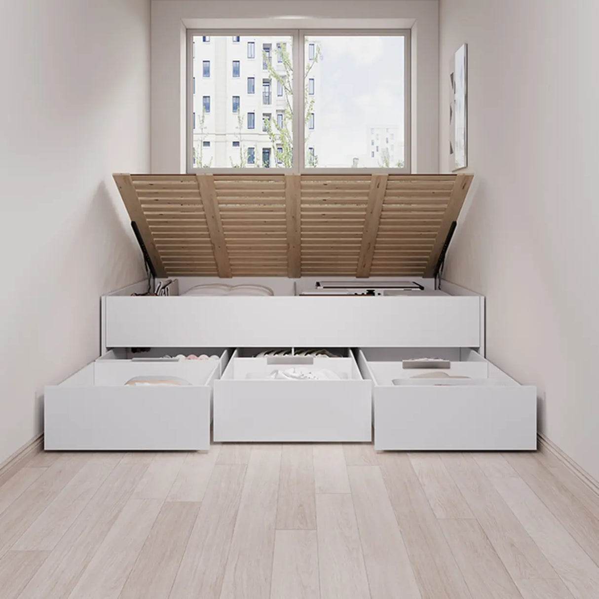 White Full Modern Wood Storage Tatami Bed with Drawers Image - 6