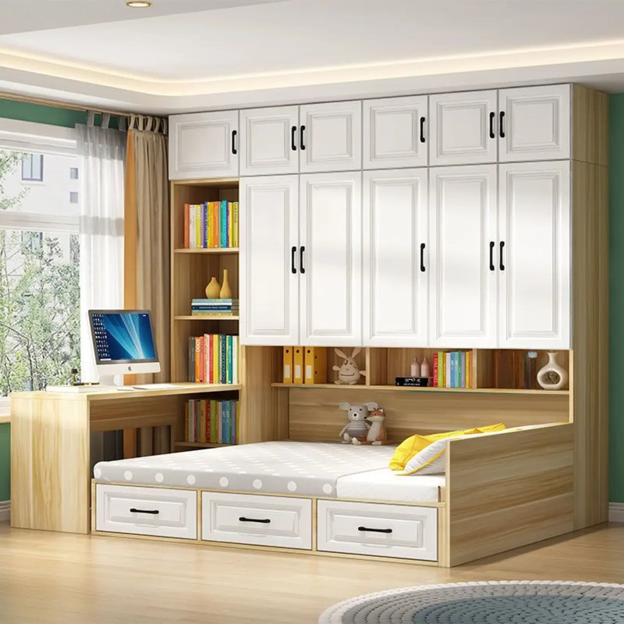 White Full Wood Storage Bookcase Bed with Footboard Image - 1