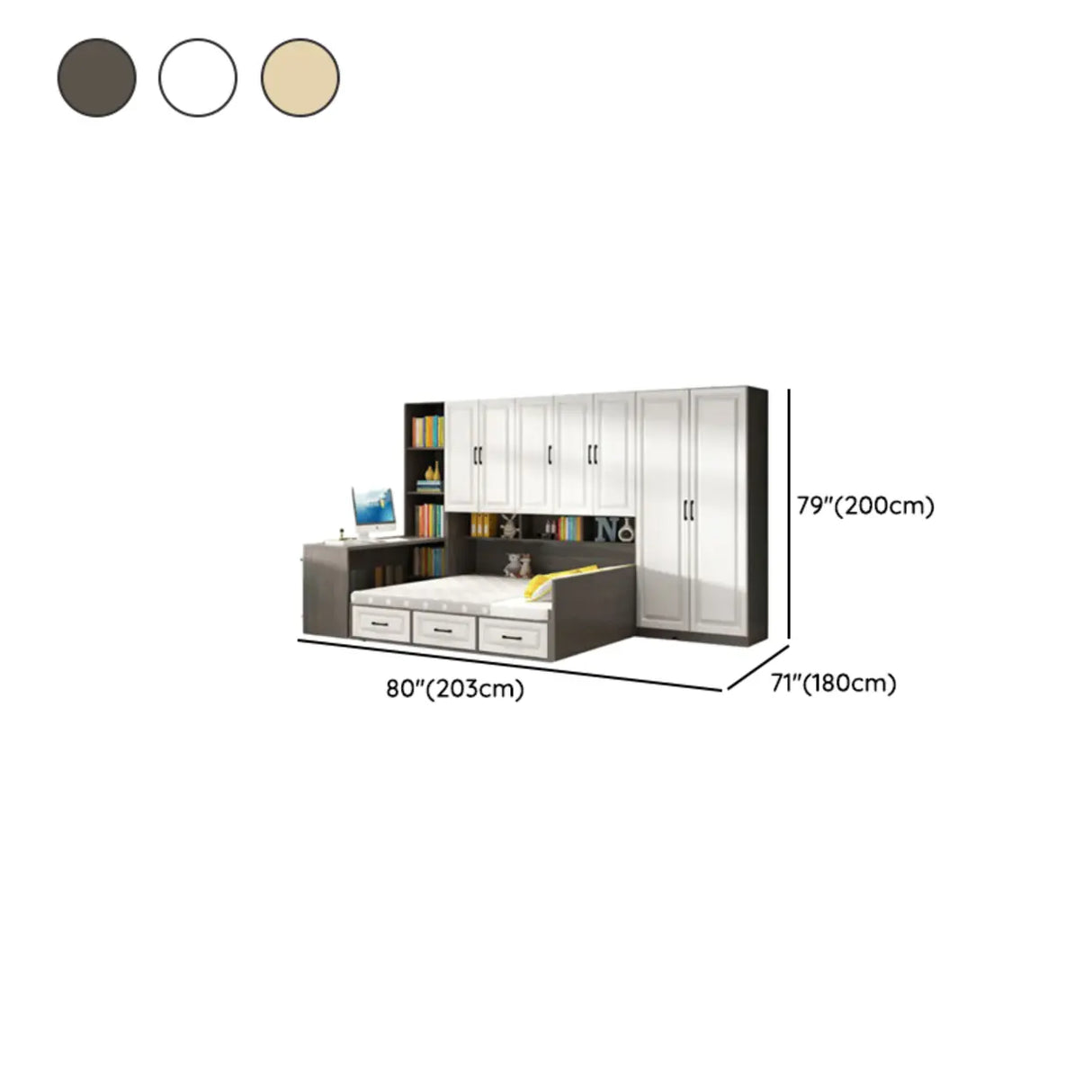 White Full Wood Storage Bookcase Bed with Footboard Image - 12