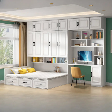 White Full Wood Storage Bookcase Bed with Footboard Image - 2