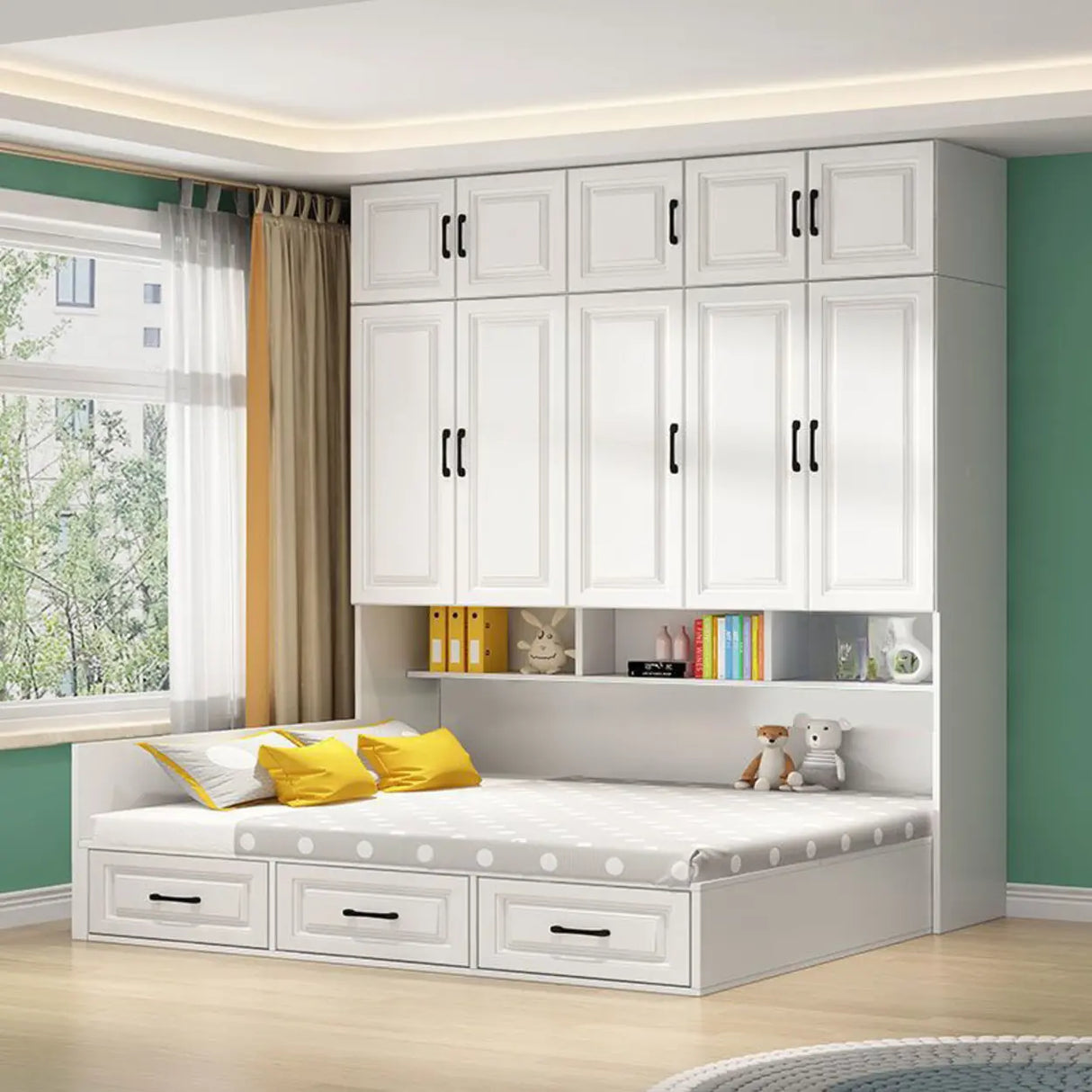 White Full Wood Storage Bookcase Bed with Footboard Image - 3