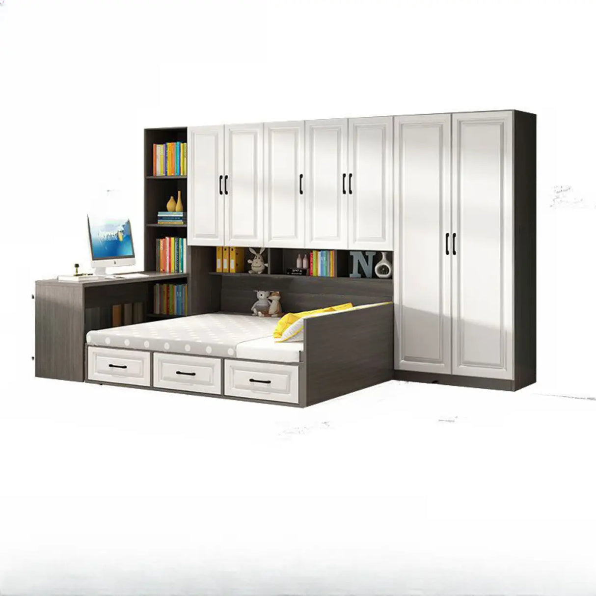 White Full Wood Storage Bookcase Bed with Footboard Image - 5