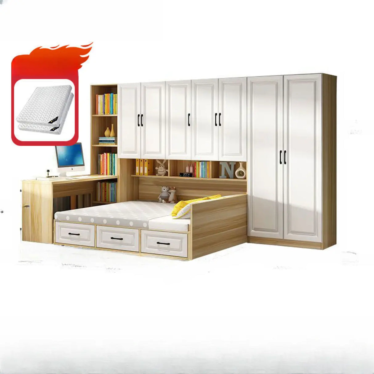 White Full Wood Storage Bookcase Bed with Footboard Image - 6