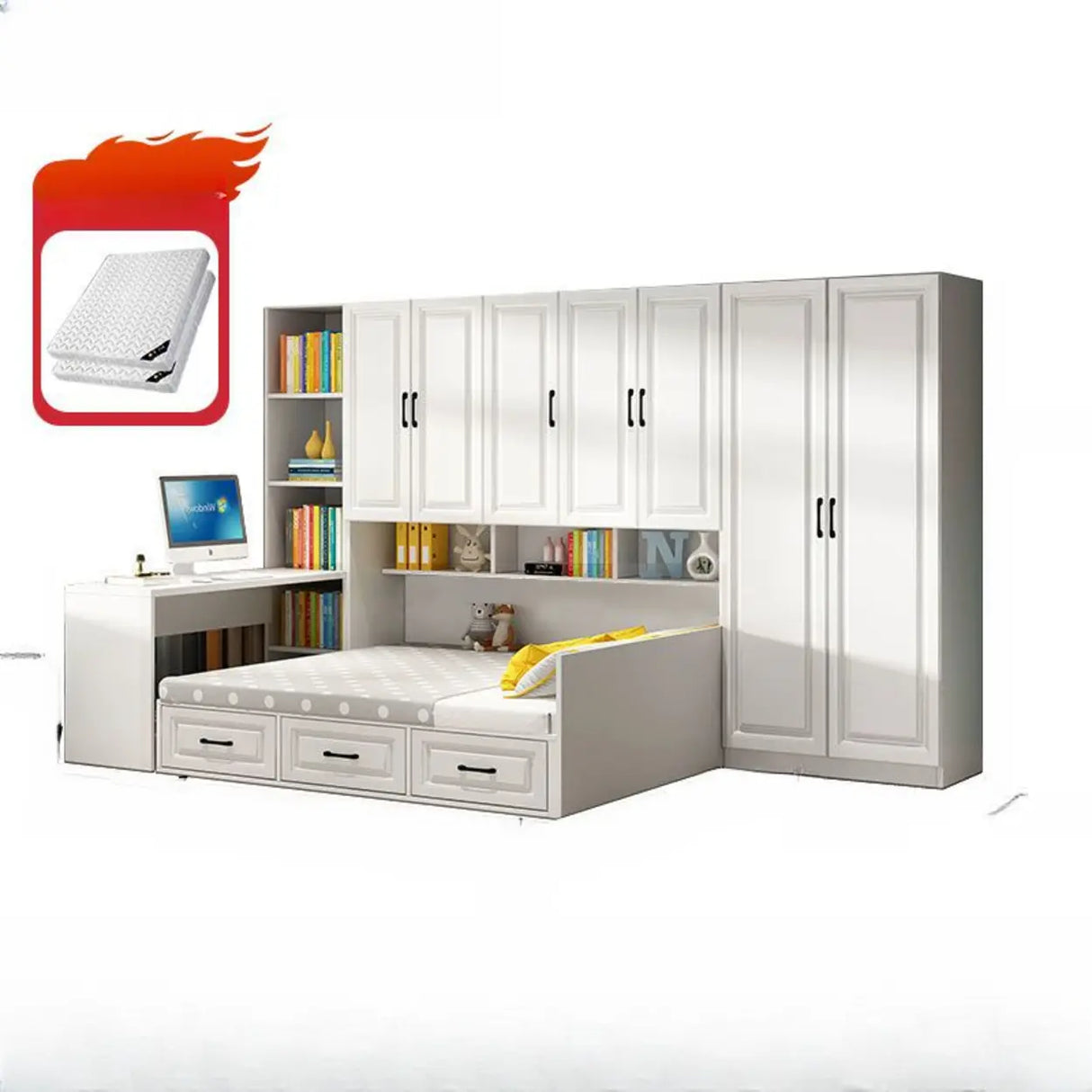 White Full Wood Storage Bookcase Bed with Footboard Image - 7