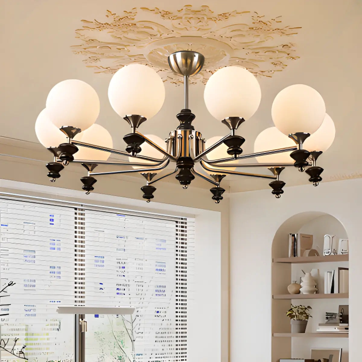 White Glass Ball Branch Silver Living Room Chandelier Image - 7