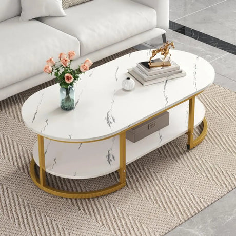 White Glass Oval Shelves Storage Sled Coffee Table Image - 1