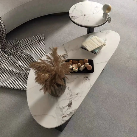 White-Gray Stone Triangle Coffee Table with Drawers Image - 1