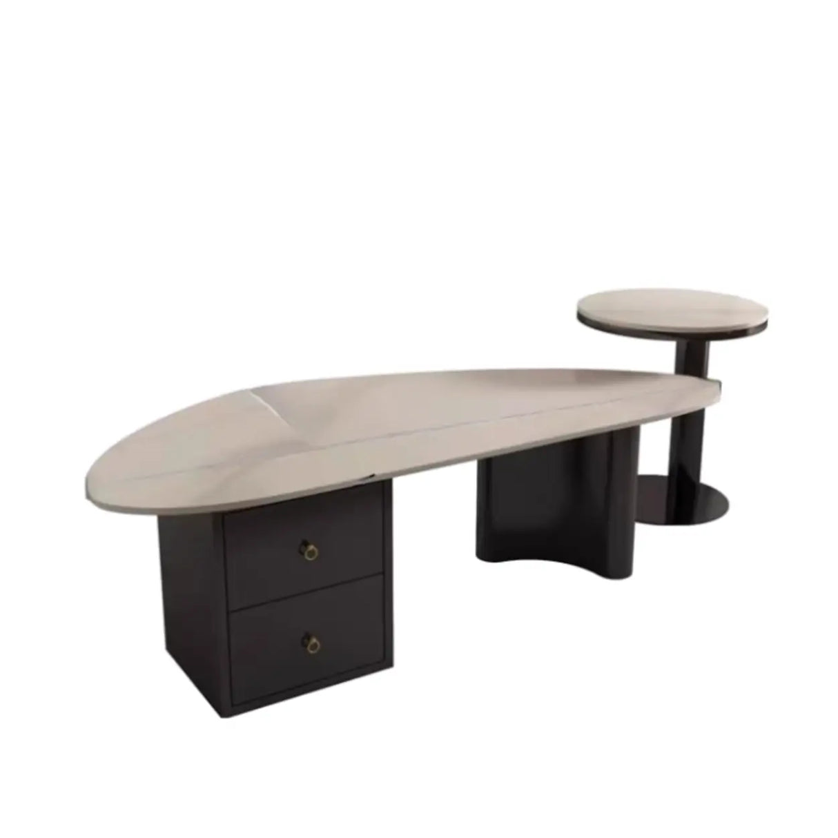 White-Gray Stone Triangle Coffee Table with Drawers Image - 3